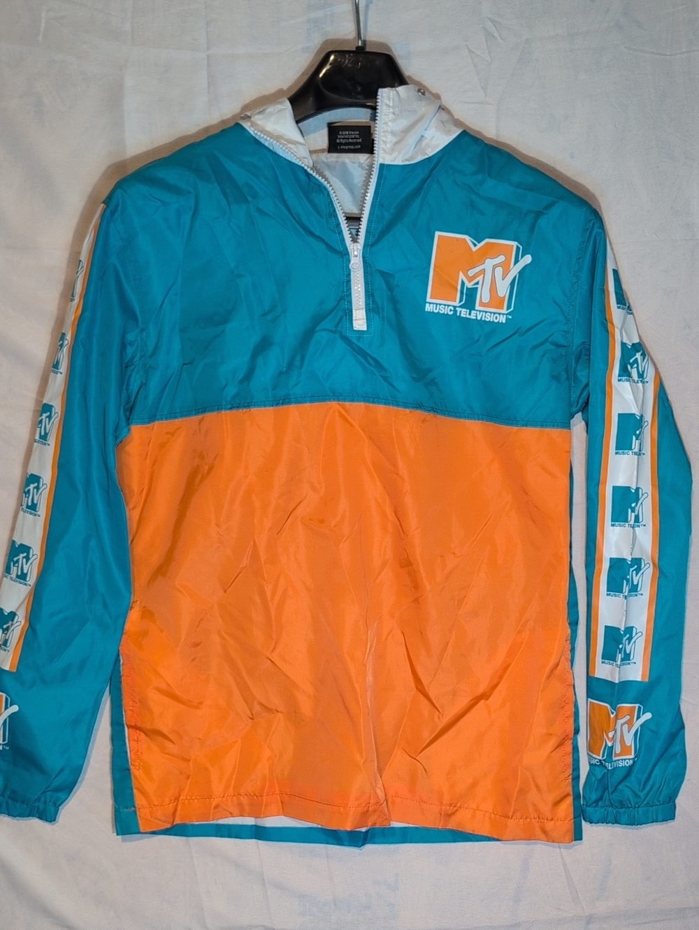 MTV Teal and Orange Colorblock Hooded Rain Pullover